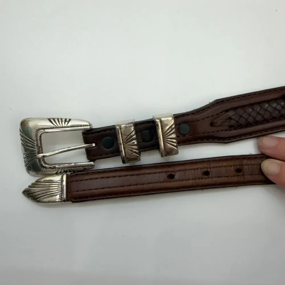 Vintage Brown Leather Silver Buckle Belt 34